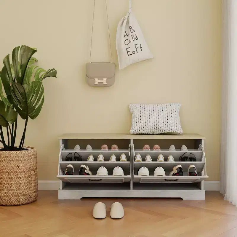 Banc de rangement pour chaussures blanc antique avec 2 tiroirs basculants et étagères réglables, 45 cm H x 105 cm L