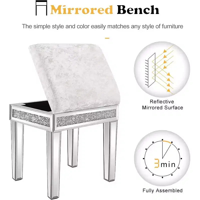 Mirrored Vanity Stool with Storage, Upholstered Velvet Ottoman Bench for Makeup Dressing Table, Silver