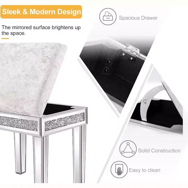 Mirrored Vanity Stool with Storage, Upholstered Velvet Ottoman Bench for Makeup Dressing Table, Silver