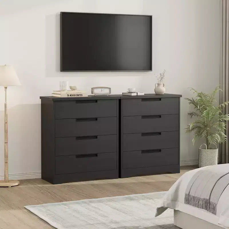 4-Drawer Dresser & Nightstand with Embedded Handles, Black Wooden Chest Organizer for Bedroom, Living Room, Nursery & Entryway