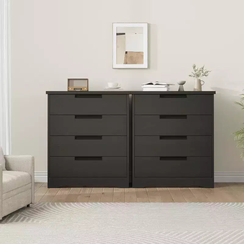 Commode 4 tiroirs et table de chevet avec poignées intégrées, commode de rangement en bois noir pour chambre, salon, chambre d'enfant et entrée