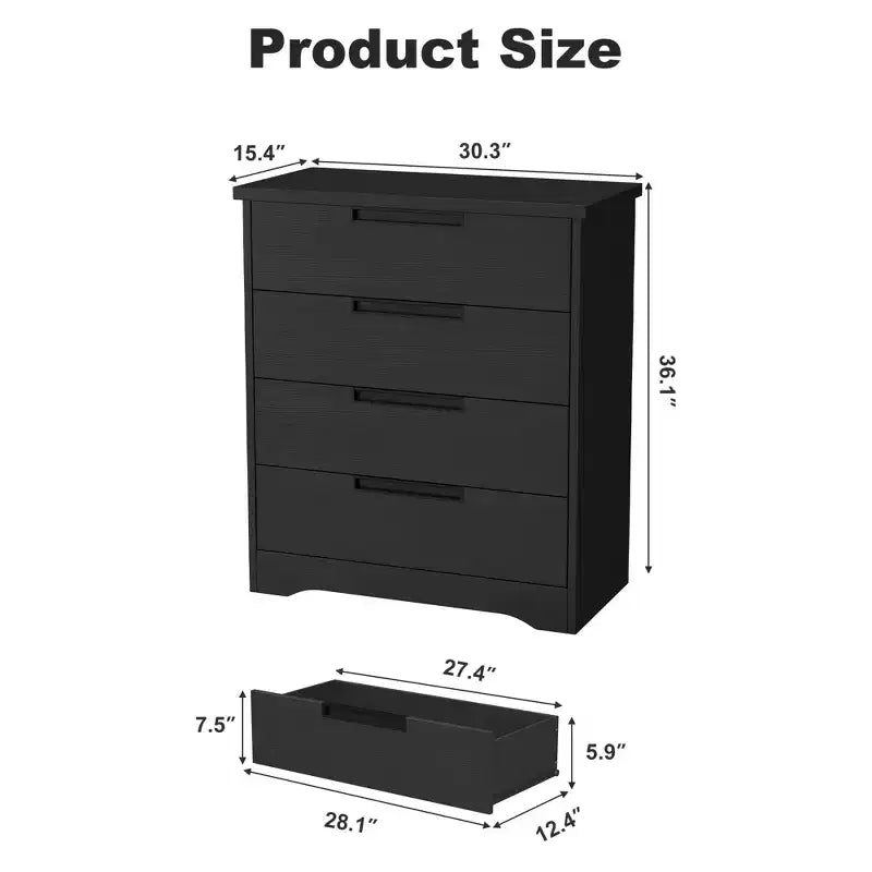 4-Drawer Dresser & Nightstand with Embedded Handles, Black Wooden Chest Organizer for Bedroom, Living Room, Nursery & Entryway