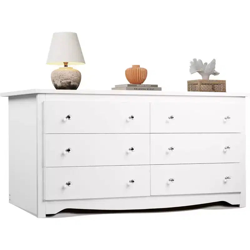 6-Drawer Wide Wood Dresser, 59" Modern Storage Chest for Bedroom or Living Room, Long Nightstand Organizer, White