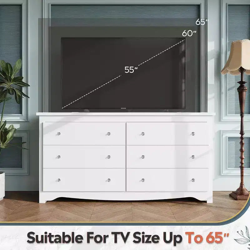 6-Drawer Wide Wood Dresser, 59" Modern Storage Chest for Bedroom or Living Room, Long Nightstand Organizer, White
