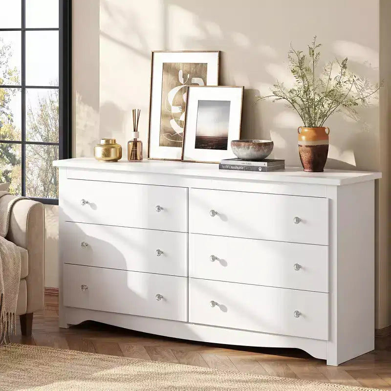 6-Drawer Wide Wood Dresser, 59" Modern Storage Chest for Bedroom or Living Room, Long Nightstand Organizer, White
