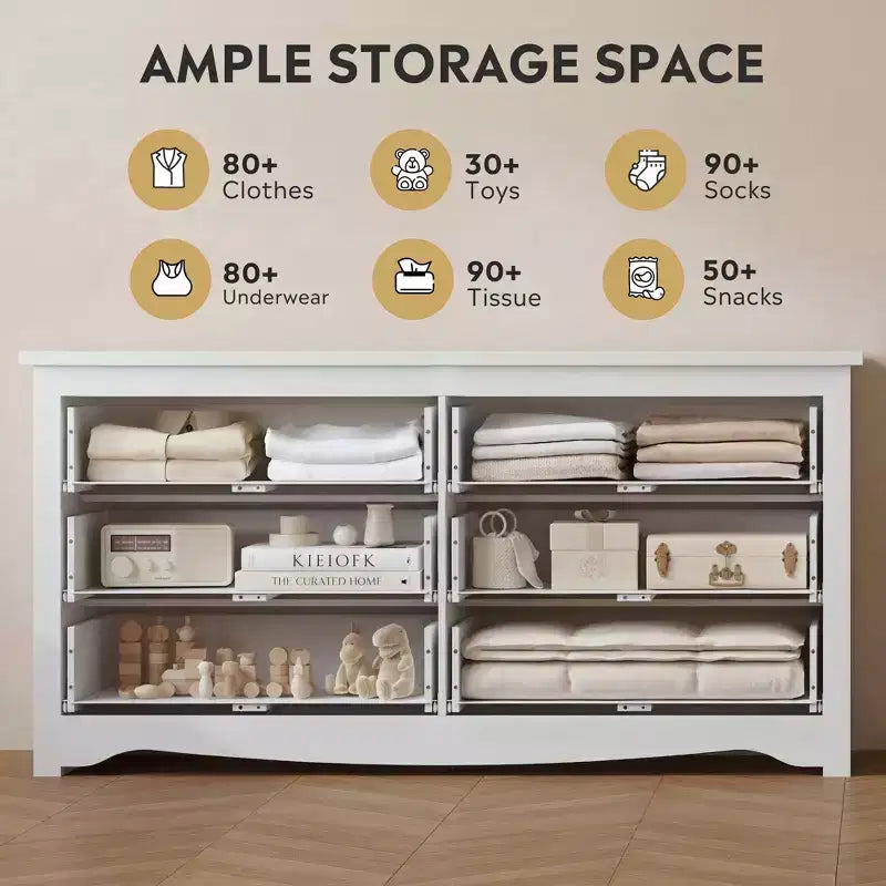 6-Drawer Wide Wood Dresser, 59" Modern Storage Chest for Bedroom or Living Room, Long Nightstand Organizer, White