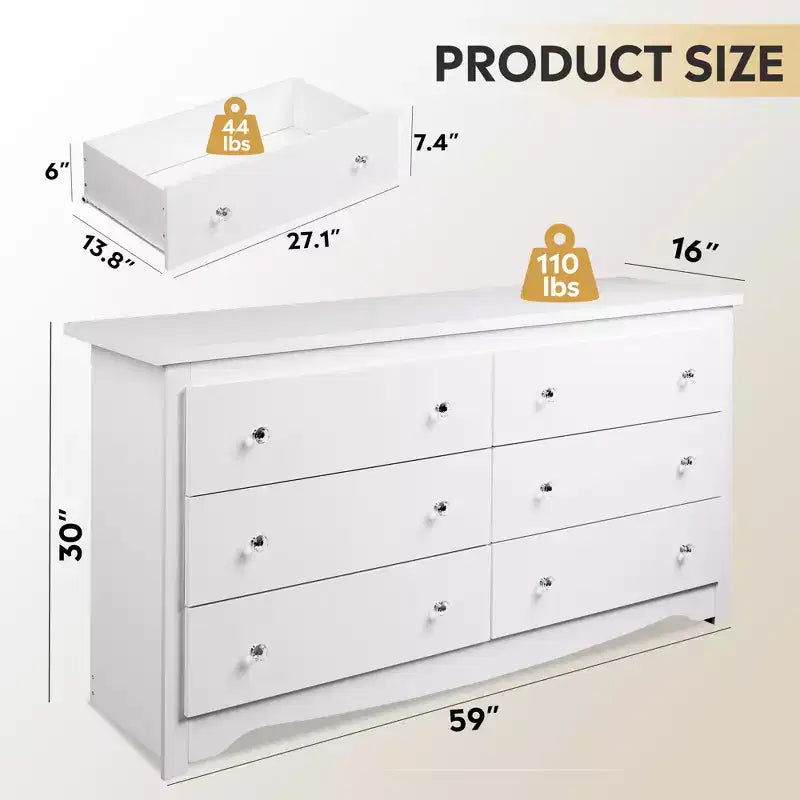 6-Drawer Wide Wood Dresser, 59" Modern Storage Chest for Bedroom or Living Room, Long Nightstand Organizer, White