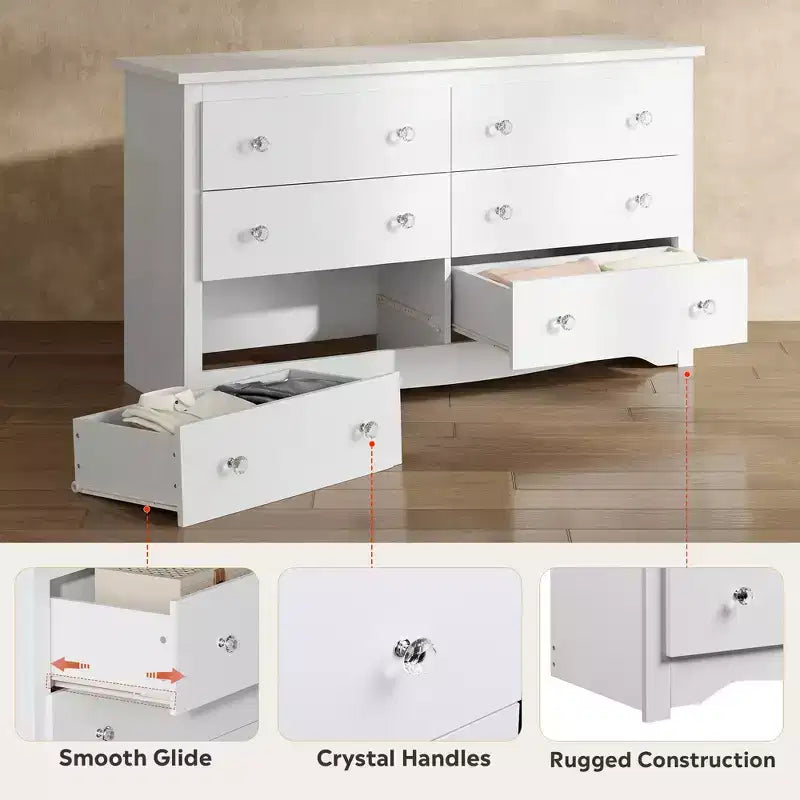 6-Drawer Wide Wood Dresser, 59" Modern Storage Chest for Bedroom or Living Room, Long Nightstand Organizer, White