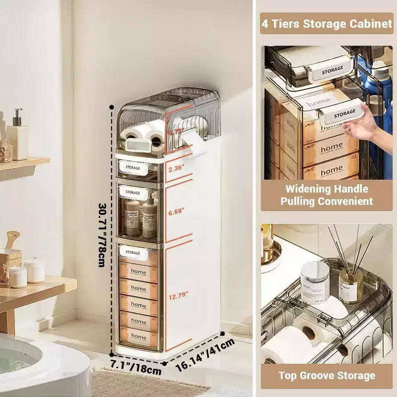 Ultra Narrow 4-Tier Bathroom Cabinet with Wheels & Drawers, Toilet Side Storage Organizer for Bathroom & Kitchen, White & Grey