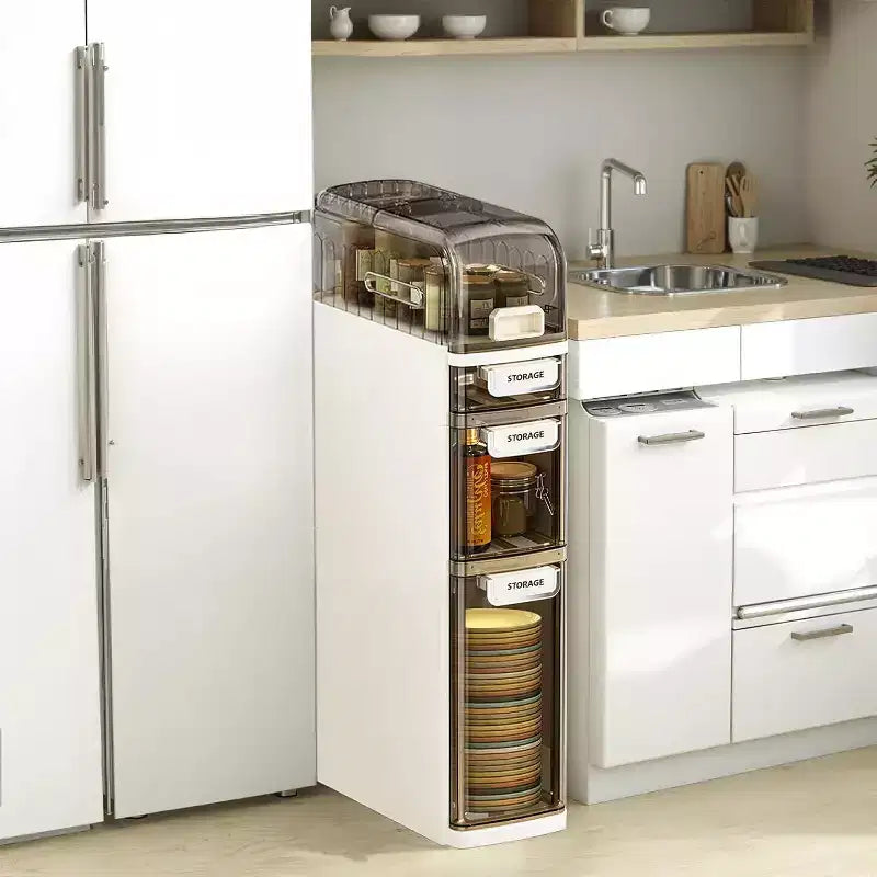 Ultra Narrow 4-Tier Bathroom Cabinet with Wheels & Drawers, Toilet Side Storage Organizer for Bathroom & Kitchen, White & Grey