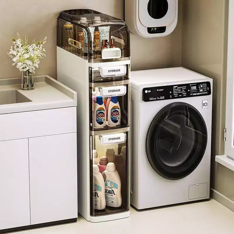 Ultra Narrow 4-Tier Bathroom Cabinet with Wheels & Drawers, Toilet Side Storage Organizer for Bathroom & Kitchen, White & Grey