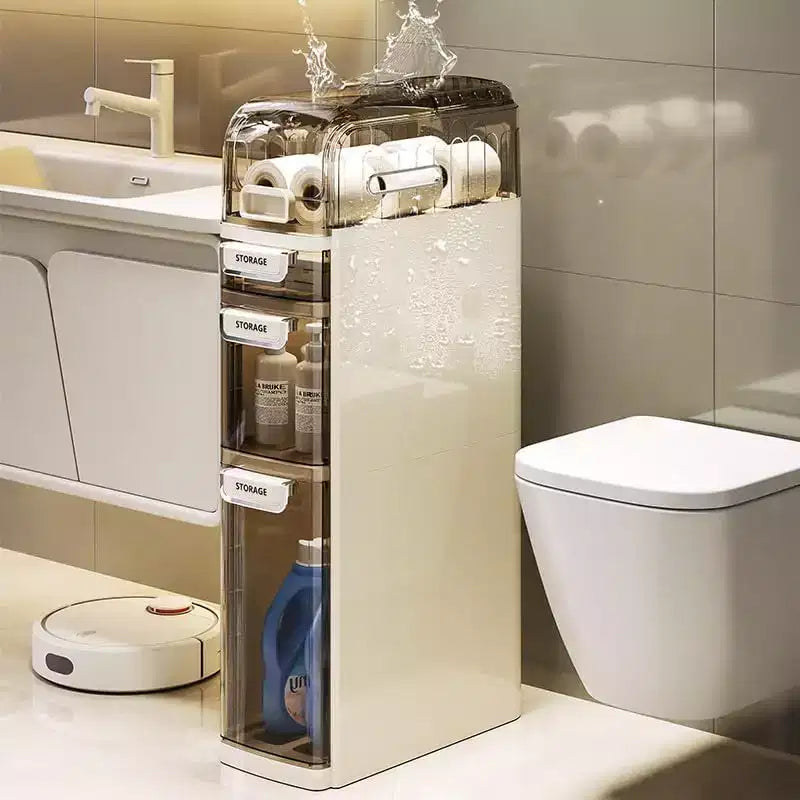 Ultra Narrow 4-Tier Bathroom Cabinet with Wheels & Drawers, Toilet Side Storage Organizer for Bathroom & Kitchen, White & Grey
