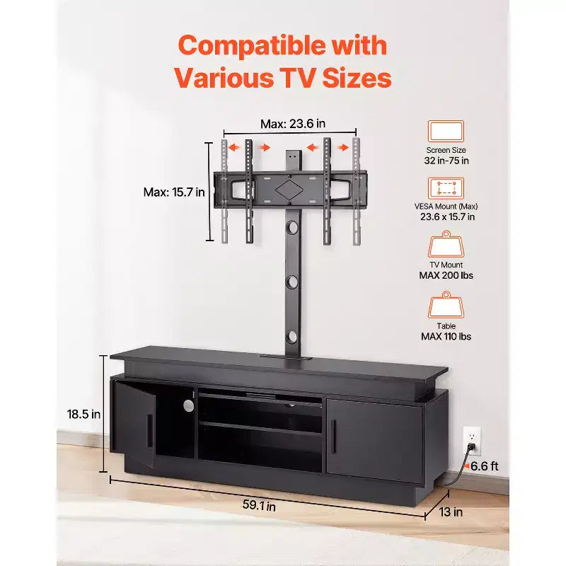 60" TV Stand with Mount for TVs up to 75", Entertainment Center with Power Outlet & Height Adjustable Shelf, Black