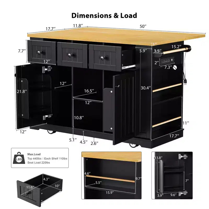 53" Large Kitchen Island with Drop Leaf, Internal Storage Rack & 5 Open Side Racks, Rolling Kitchen Cart on 5 Wheels