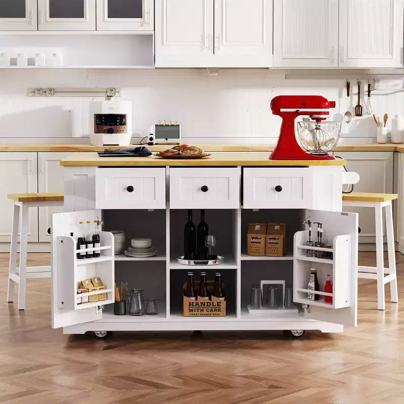 53" Large Kitchen Island with Drop Leaf, Internal Storage Rack & 5 Open Side Racks, Rolling Kitchen Cart on 5 Wheels