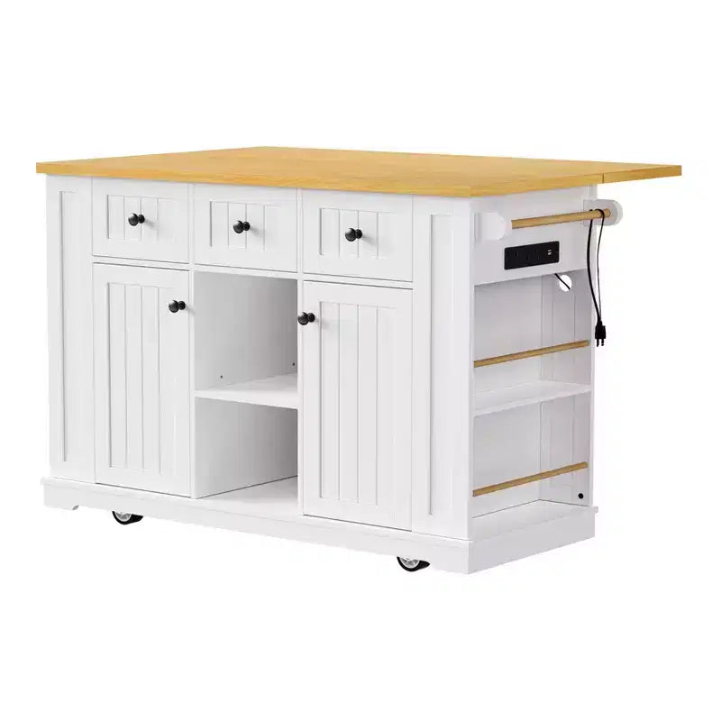 53" Large Kitchen Island with Drop Leaf, Internal Storage Rack & 5 Open Side Racks, Rolling Kitchen Cart on 5 Wheels