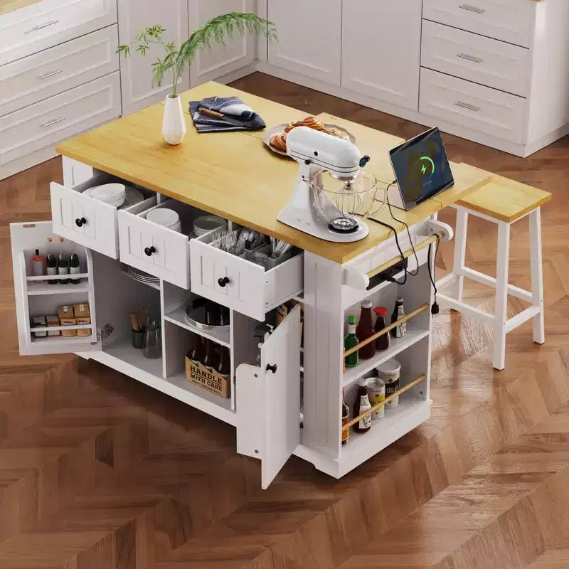 53" Large Kitchen Island with Drop Leaf, Internal Storage Rack & 5 Open Side Racks, Rolling Kitchen Cart on 5 Wheels