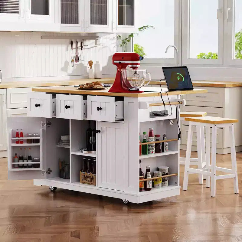 53" Large Kitchen Island with Drop Leaf, Internal Storage Rack & 5 Open Side Racks, Rolling Kitchen Cart on 5 Wheels