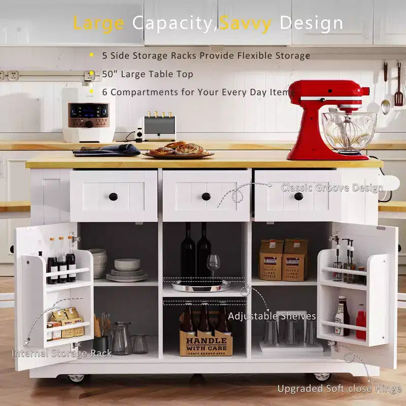 53" Large Kitchen Island with Drop Leaf, Internal Storage Rack & 5 Open Side Racks, Rolling Kitchen Cart on 5 Wheels