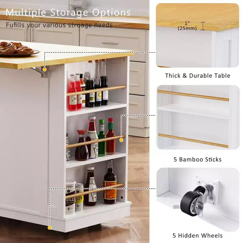 53" Large Kitchen Island with Drop Leaf, Internal Storage Rack & 5 Open Side Racks, Rolling Kitchen Cart on 5 Wheels