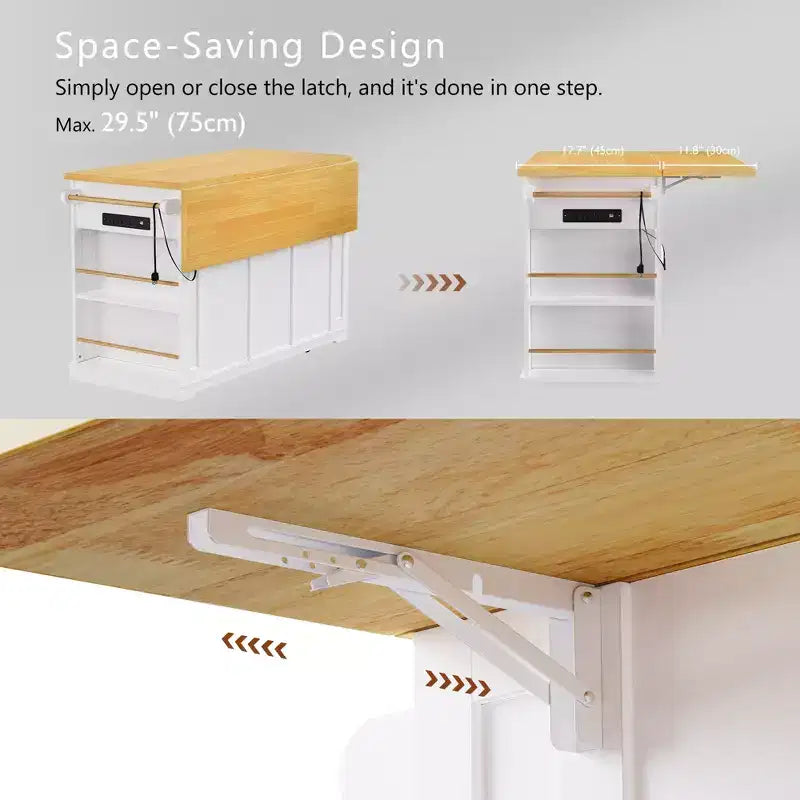 53" Large Kitchen Island with Drop Leaf, Internal Storage Rack & 5 Open Side Racks, Rolling Kitchen Cart on 5 Wheels