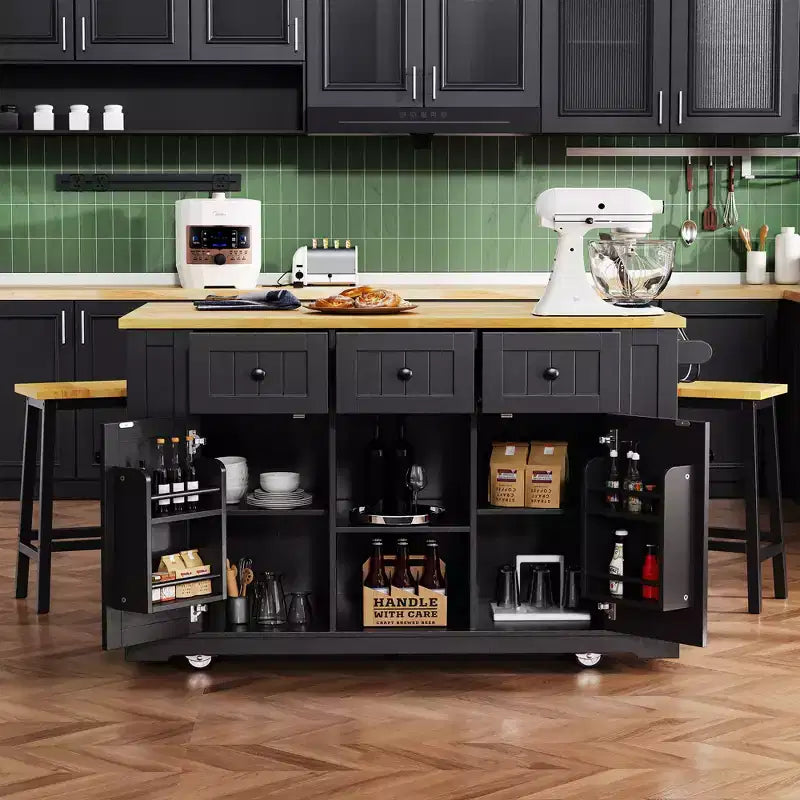 53" Large Kitchen Island with Drop Leaf, Internal Storage Rack & 5 Open Side Racks, Rolling Kitchen Cart on 5 Wheels