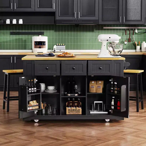 53" Large Kitchen Island with Drop Leaf, Internal Storage Rack & 5 Open Side Racks, Rolling Kitchen Cart on 5 Wheels