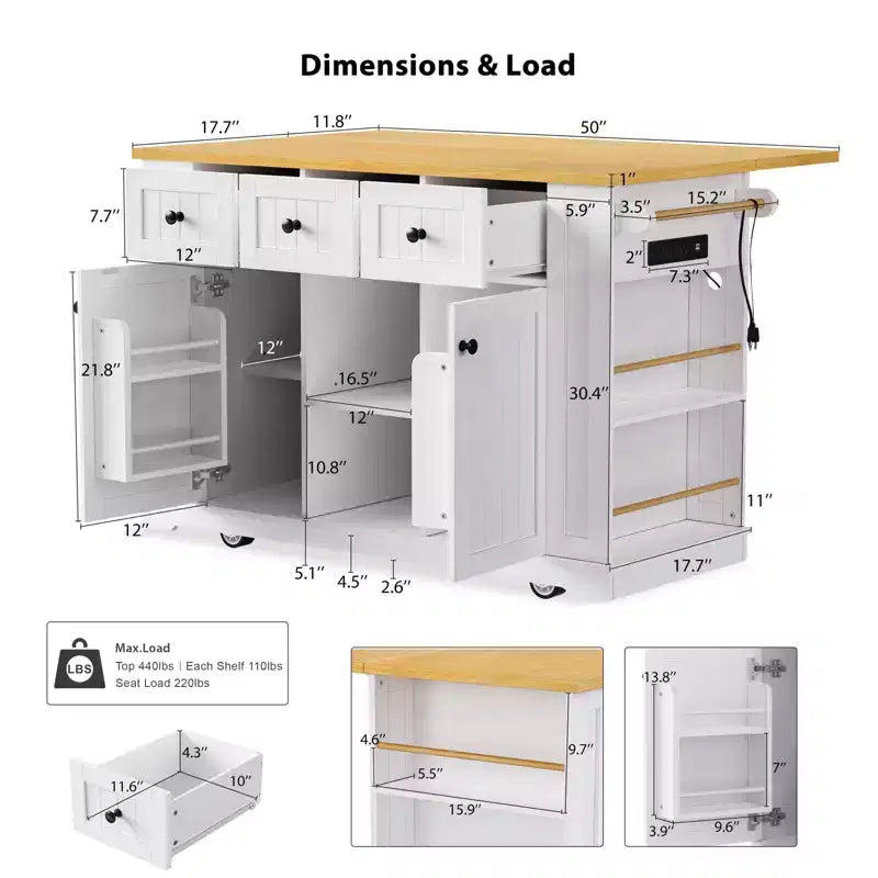 53" Large Kitchen Island with Drop Leaf, Internal Storage Rack & 5 Open Side Racks, Rolling Kitchen Cart on 5 Wheels