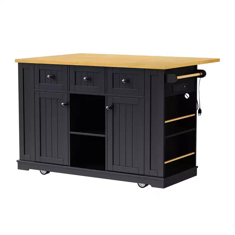 53" Large Kitchen Island with Drop Leaf, Internal Storage Rack & 5 Open Side Racks, Rolling Kitchen Cart on 5 Wheels