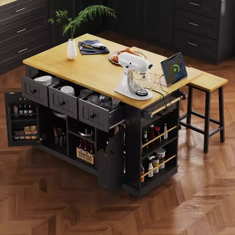 53" Large Kitchen Island with Drop Leaf, Internal Storage Rack & 5 Open Side Racks, Rolling Kitchen Cart on 5 Wheels