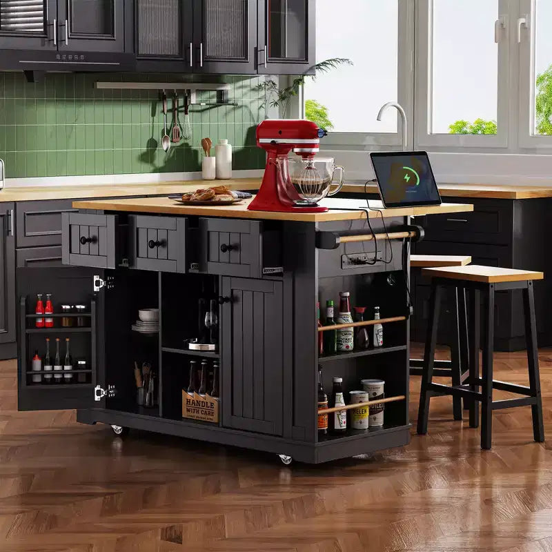 53" Large Kitchen Island with Drop Leaf, Internal Storage Rack & 5 Open Side Racks, Rolling Kitchen Cart on 5 Wheels