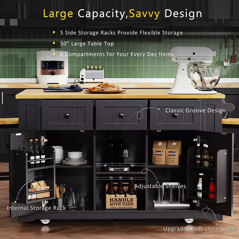 53" Large Kitchen Island with Drop Leaf, Internal Storage Rack & 5 Open Side Racks, Rolling Kitchen Cart on 5 Wheels