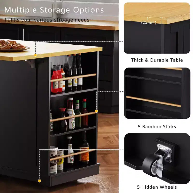 53" Large Kitchen Island with Drop Leaf, Internal Storage Rack & 5 Open Side Racks, Rolling Kitchen Cart on 5 Wheels