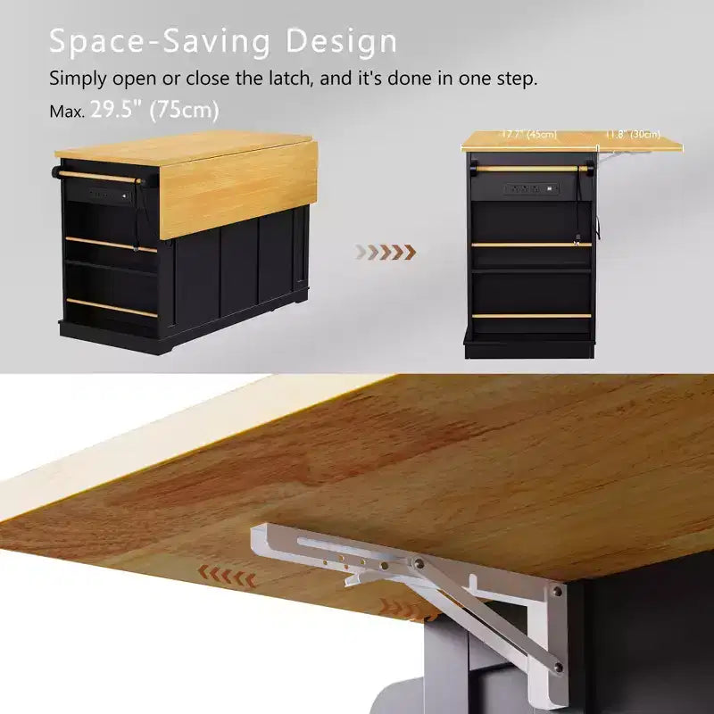 53" Large Kitchen Island with Drop Leaf, Internal Storage Rack & 5 Open Side Racks, Rolling Kitchen Cart on 5 Wheels
