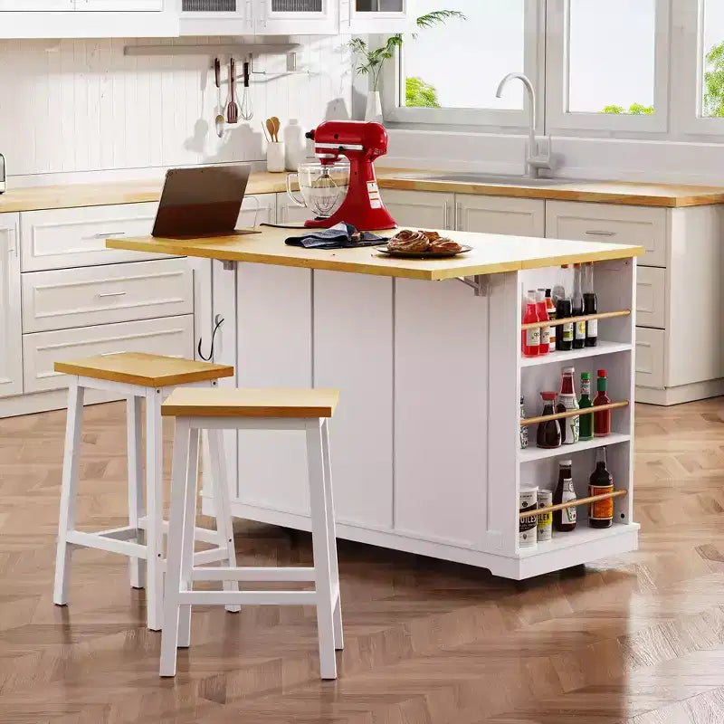 53" Large Kitchen Island with Drop Leaf, Internal Storage Rack & 5 Open Side Racks, Rolling Kitchen Cart on 5 Wheels
