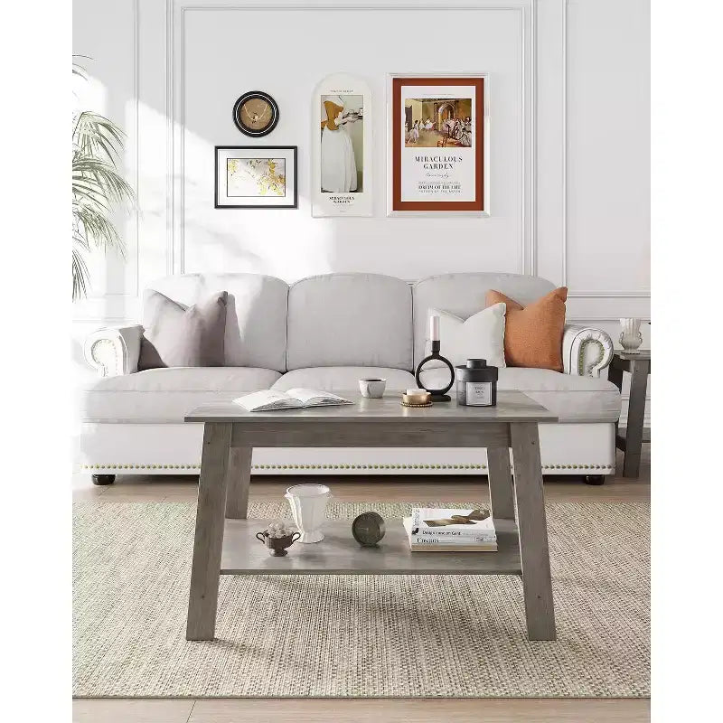 Modern Farmhouse Coffee Table with Storage Shelf, 2-Tier Rectangular Wood Center Table for Living Room & Home Office