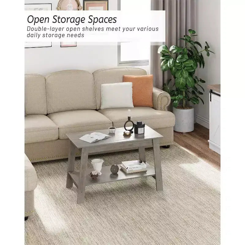 Modern Farmhouse Coffee Table with Storage Shelf, 2-Tier Rectangular Wood Center Table for Living Room & Home Office
