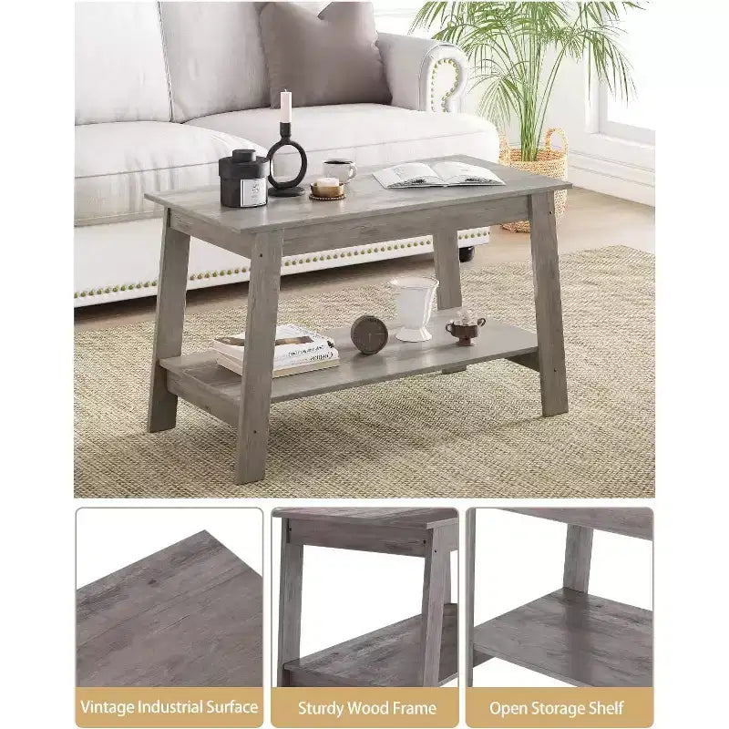 Modern Farmhouse Coffee Table with Storage Shelf, 2-Tier Rectangular Wood Center Table for Living Room & Home Office