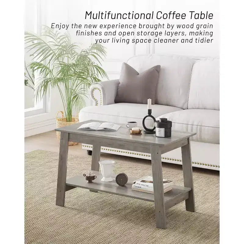 Modern Farmhouse Coffee Table with Storage Shelf, 2-Tier Rectangular Wood Center Table for Living Room & Home Office