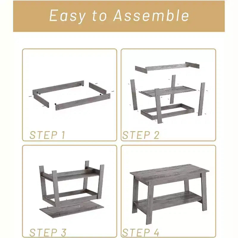 Modern Farmhouse Coffee Table with Storage Shelf, 2-Tier Rectangular Wood Center Table for Living Room & Home Office