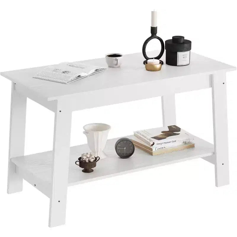Modern Farmhouse Coffee Table with Storage Shelf, 2-Tier Rectangular Wood Center Table for Living Room & Home Office