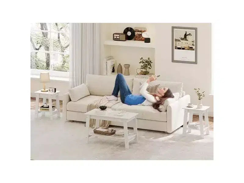 Modern Farmhouse Coffee Table with Storage Shelf, 2-Tier Rectangular Wood Center Table for Living Room & Home Office
