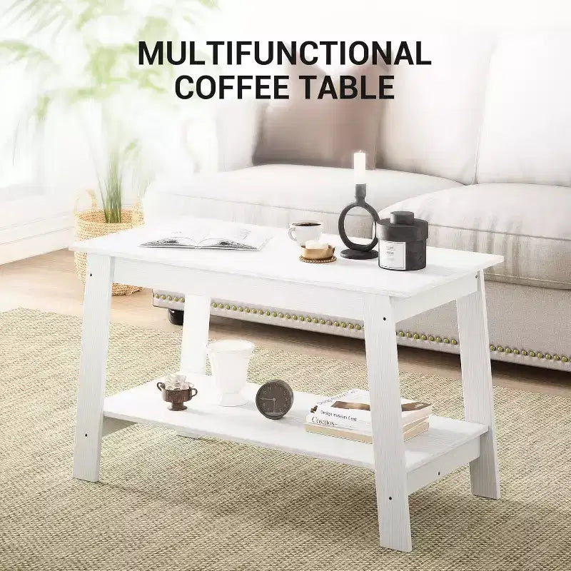 Modern Farmhouse Coffee Table with Storage Shelf, 2-Tier Rectangular Wood Center Table for Living Room & Home Office