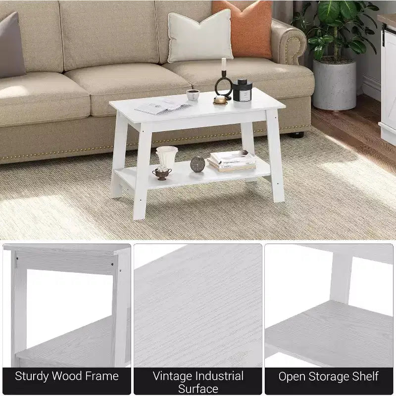 Modern Farmhouse Coffee Table with Storage Shelf, 2-Tier Rectangular Wood Center Table for Living Room & Home Office
