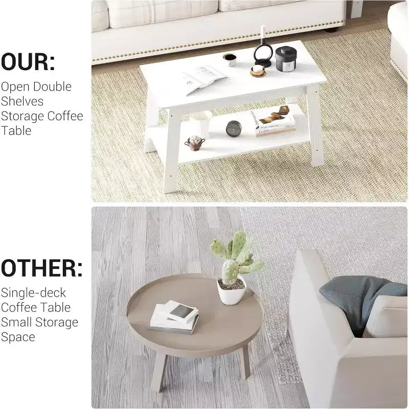 Modern Farmhouse Coffee Table with Storage Shelf, 2-Tier Rectangular Wood Center Table for Living Room & Home Office
