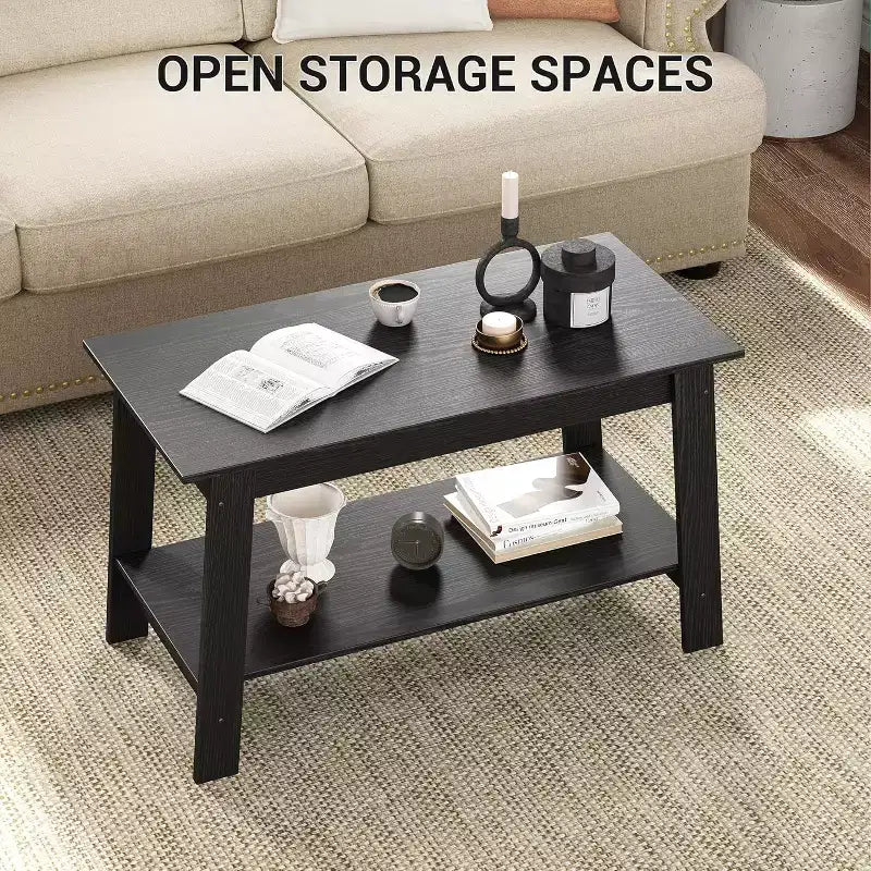 Modern Farmhouse Coffee Table with Storage Shelf, 2-Tier Rectangular Wood Center Table for Living Room & Home Office