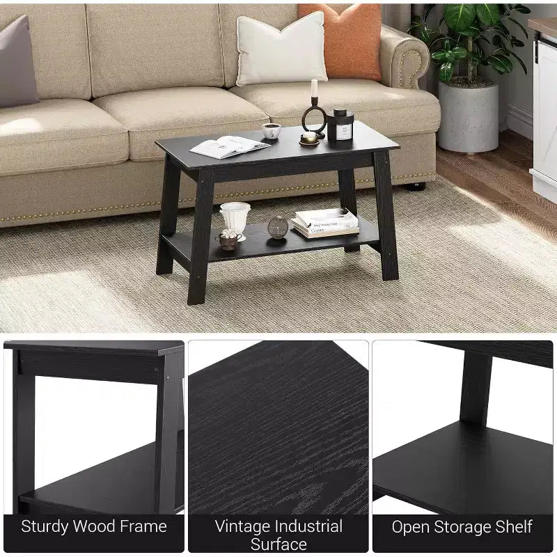 Modern Farmhouse Coffee Table with Storage Shelf, 2-Tier Rectangular Wood Center Table for Living Room & Home Office