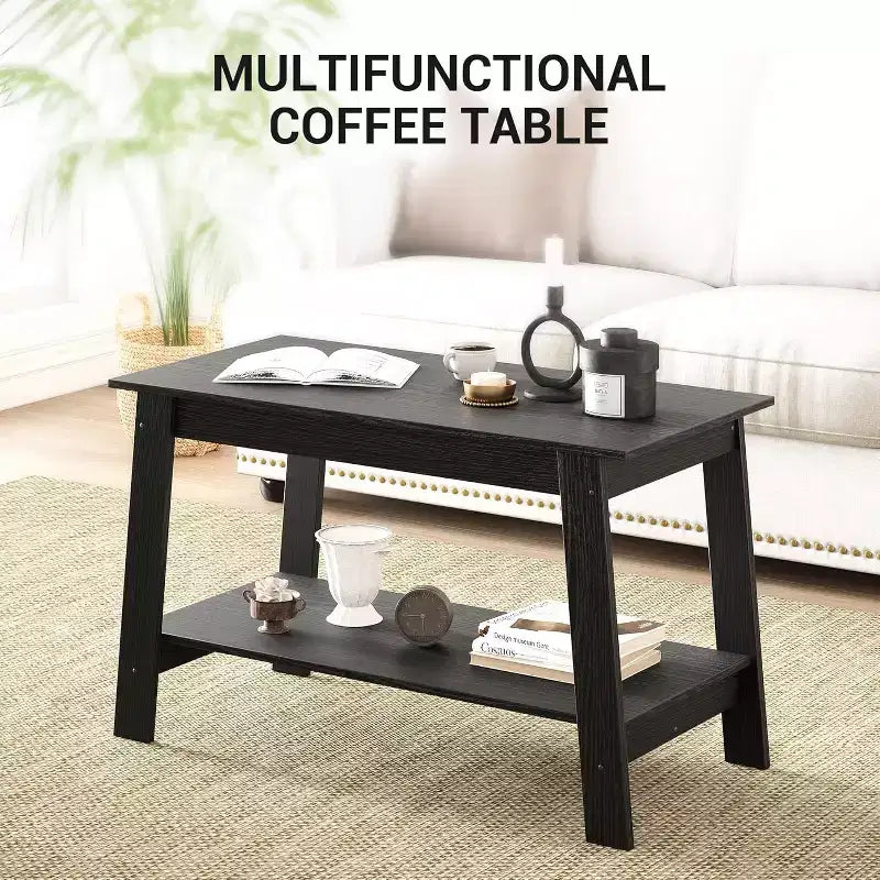 Modern Farmhouse Coffee Table with Storage Shelf, 2-Tier Rectangular Wood Center Table for Living Room & Home Office