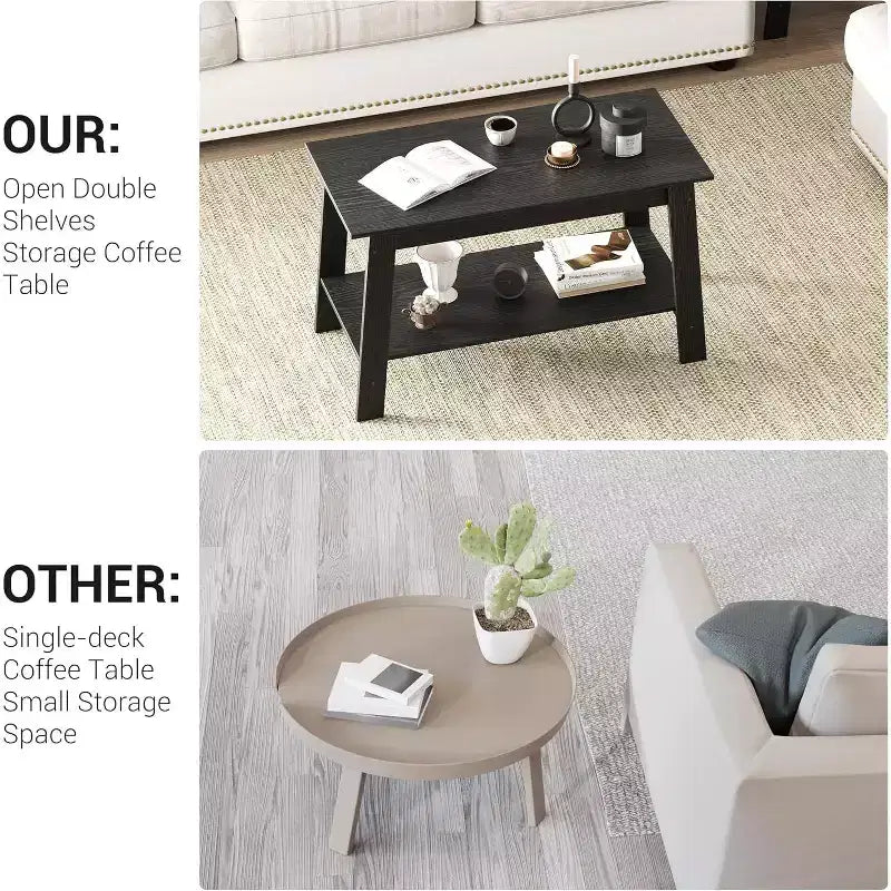 Modern Farmhouse Coffee Table with Storage Shelf, 2-Tier Rectangular Wood Center Table for Living Room & Home Office