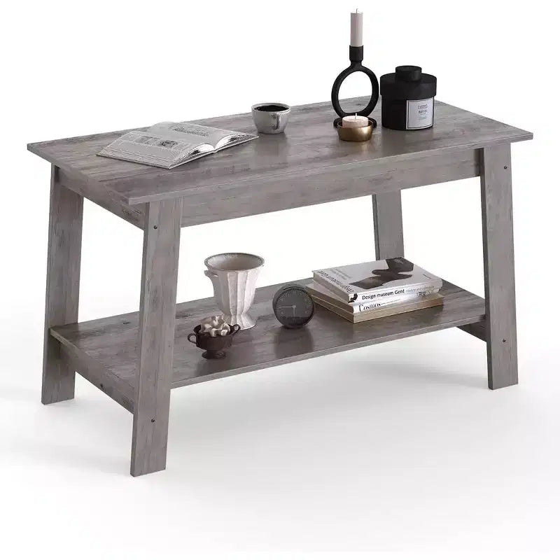 Modern Farmhouse Coffee Table with Storage Shelf, 2-Tier Rectangular Wood Center Table for Living Room & Home Office